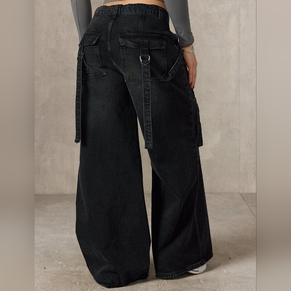 YoungLA Black Wide Leg Flare Cargo Jeans